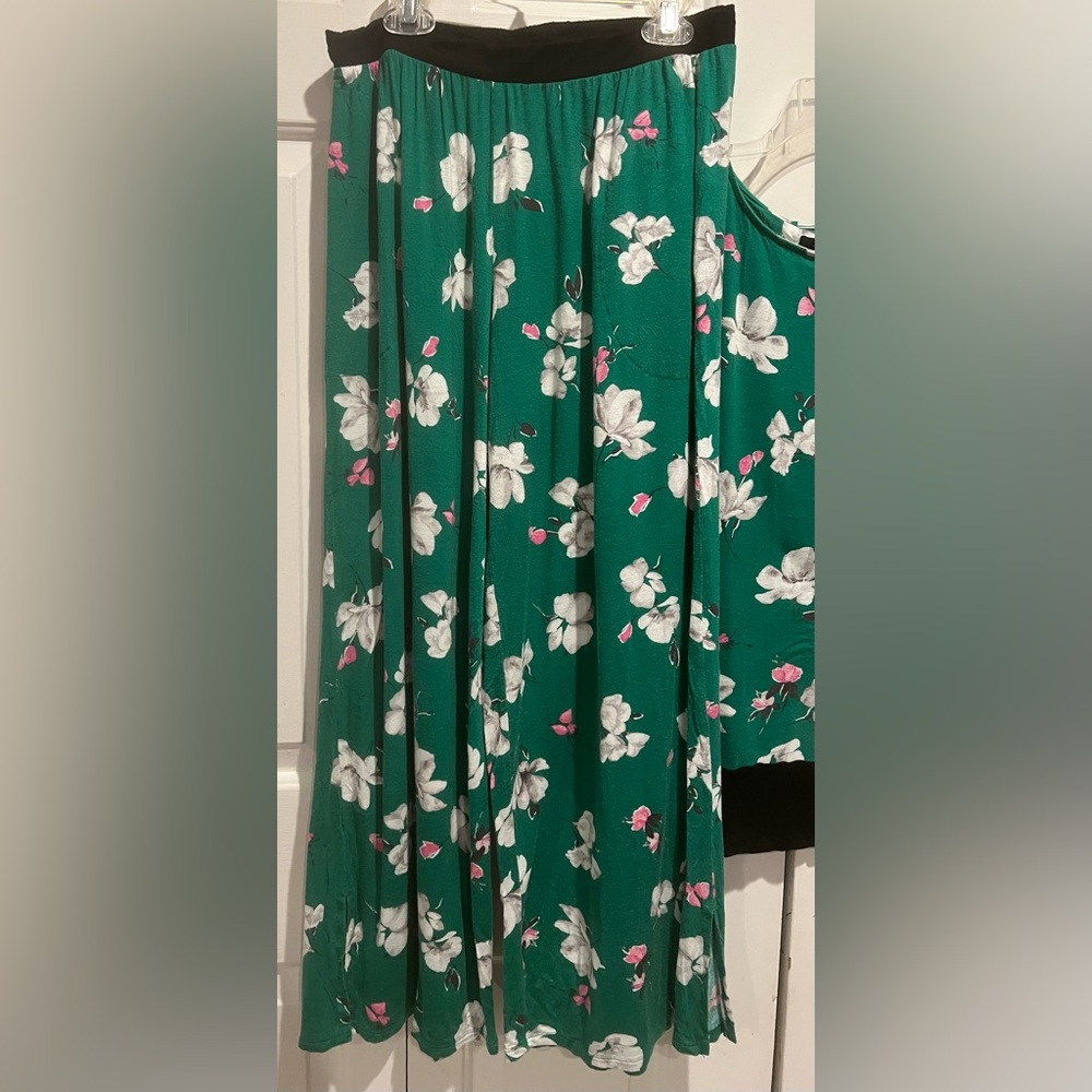 2 Pc PJ Set💚 Green Floral Ruffle Cap Sleeve Top & Pants w Pockets - Picture 9 of 11